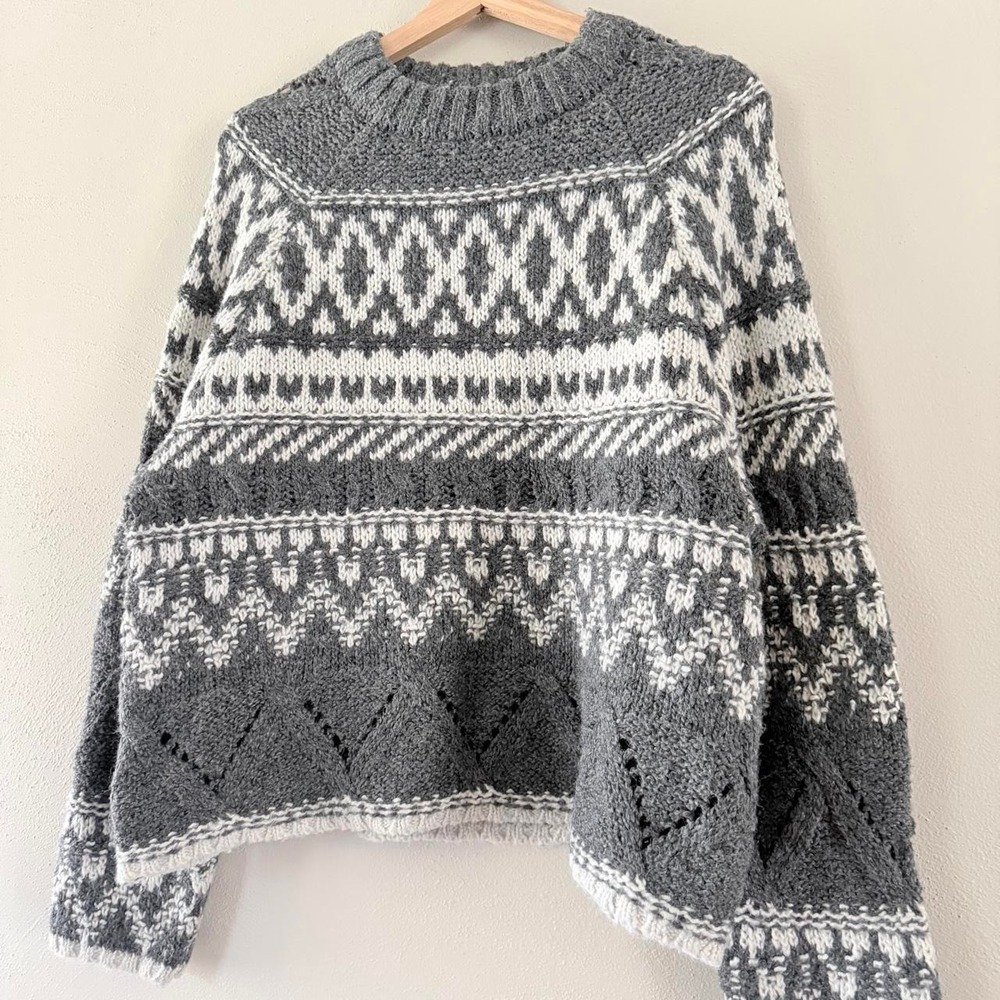 John Paul Richard Women's Large Gray Fair Isle Nordic Wool Blend Sweater - Picture 2 of 5